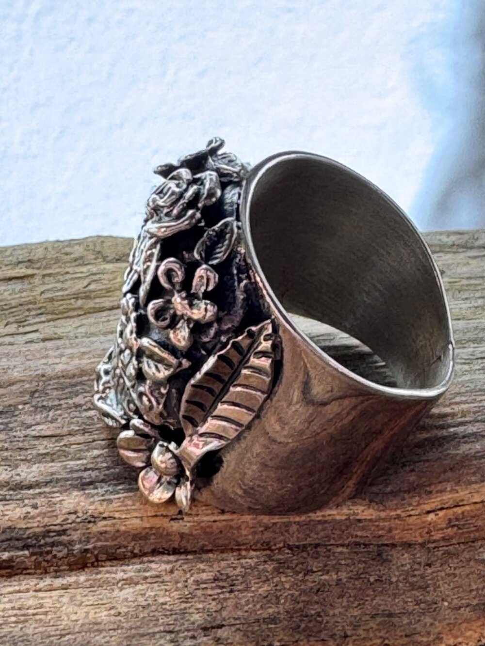 Sterling Silver 925 Sugar Skull Floral Wide Band Ring Size 9.5 JJ 19.83g - Picture 7 of 14